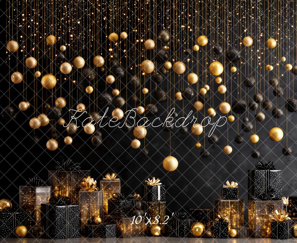Kate Weihnachten Goldene Kugeln Geschenke Schwarz Hintergrund Entworfen von Patty Roberts - Kate Backdrop.de