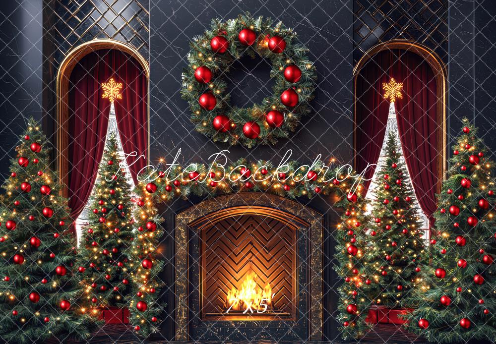 Kate Weihnachten Kamin Kranz Tannenbäume Hintergrund Entworfen von Mini MakeBelieve - Kate Backdrop.de