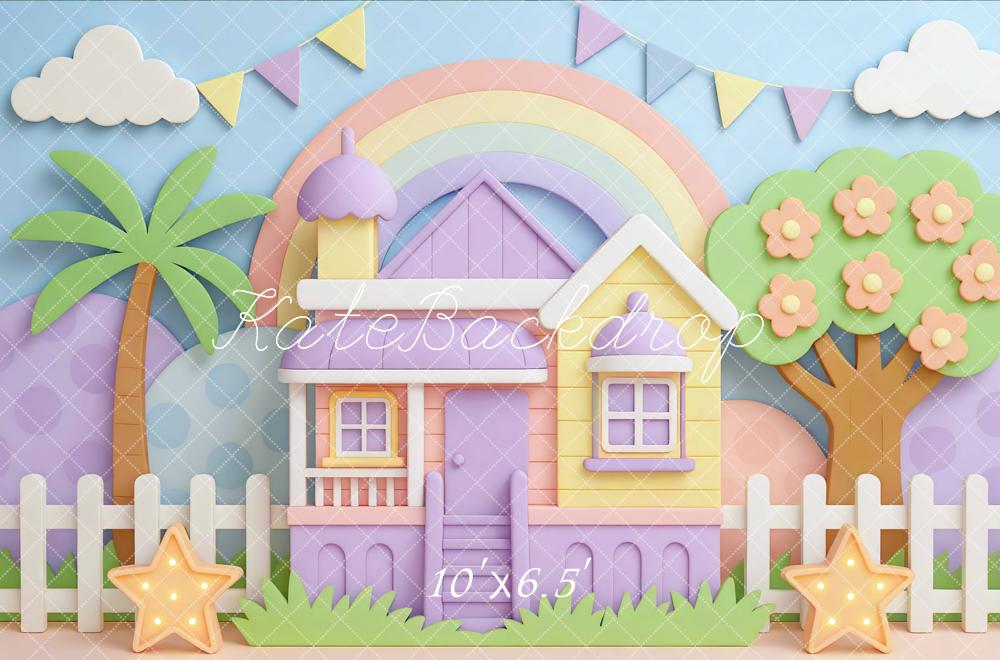 Kate Regenbogen Haus Palmen Pastell Hintergrund Entworfen von Mini MakeBelieve - Kate Backdrop.de