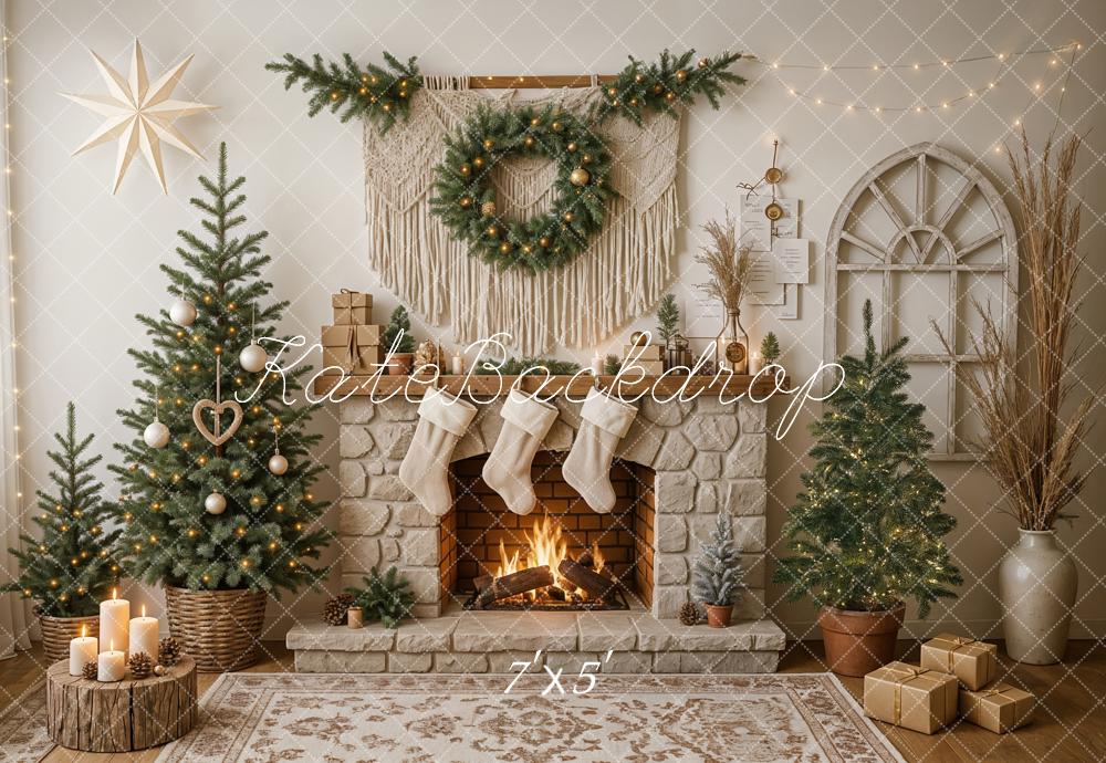 Kate Weihnachten Kamin Tannenbäume Gemütlich Hintergrund Entworfen von Ashley Paul - Kate Backdrop.de