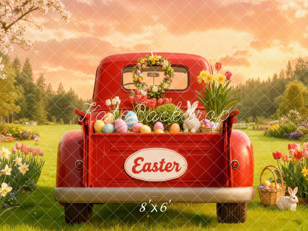 Kate Ostern Roter Truck Eier Blumenwiese Fleece Hintergrund Entworfen von Emetselch