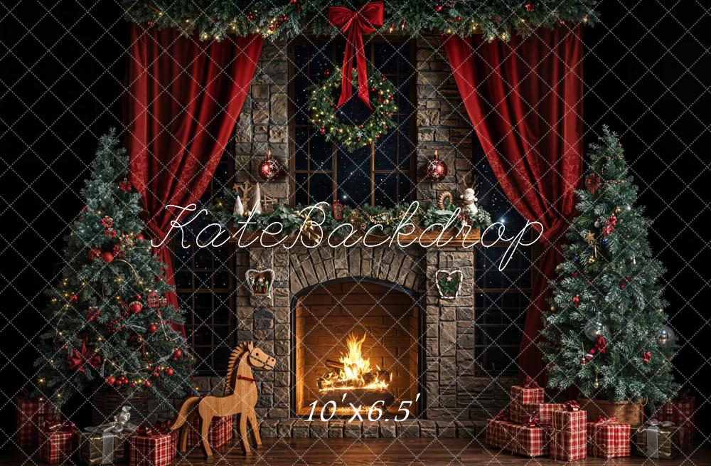 Kate Weihnachten Kamin Weihnachtsbaum Rot Fleece Hintergrund Entworfen von Emetselch - Kate Backdrop.de