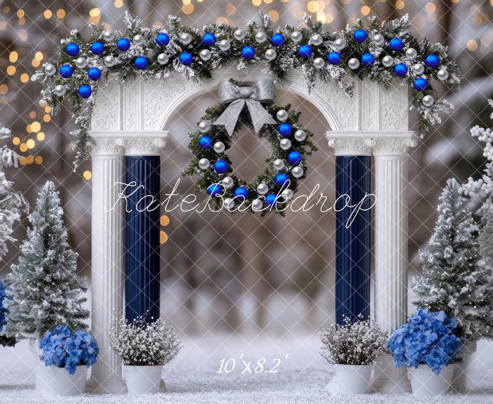 Kate Weihnachten Säulen Kranz Blau Weiß Hintergrund Entworfen von Mini MakeBelieve - Kate Backdrop.de