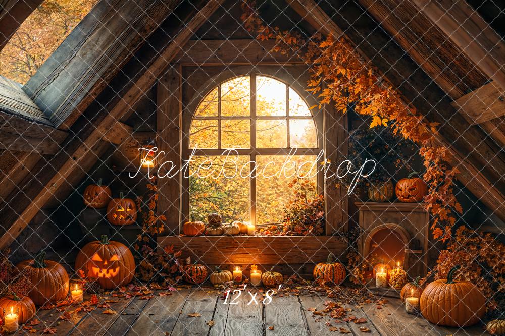 Kate Halloween Kürbisse Fenster Dachboden Fleece Hintergrund Entworfen von Emetselch - Kate Backdrop.de