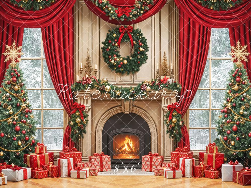 Kate Weihnachten Kamin Weihnachtsbaum Rot Fleece Hintergrund Entworfen von Emetselch - Kate Backdrop.de