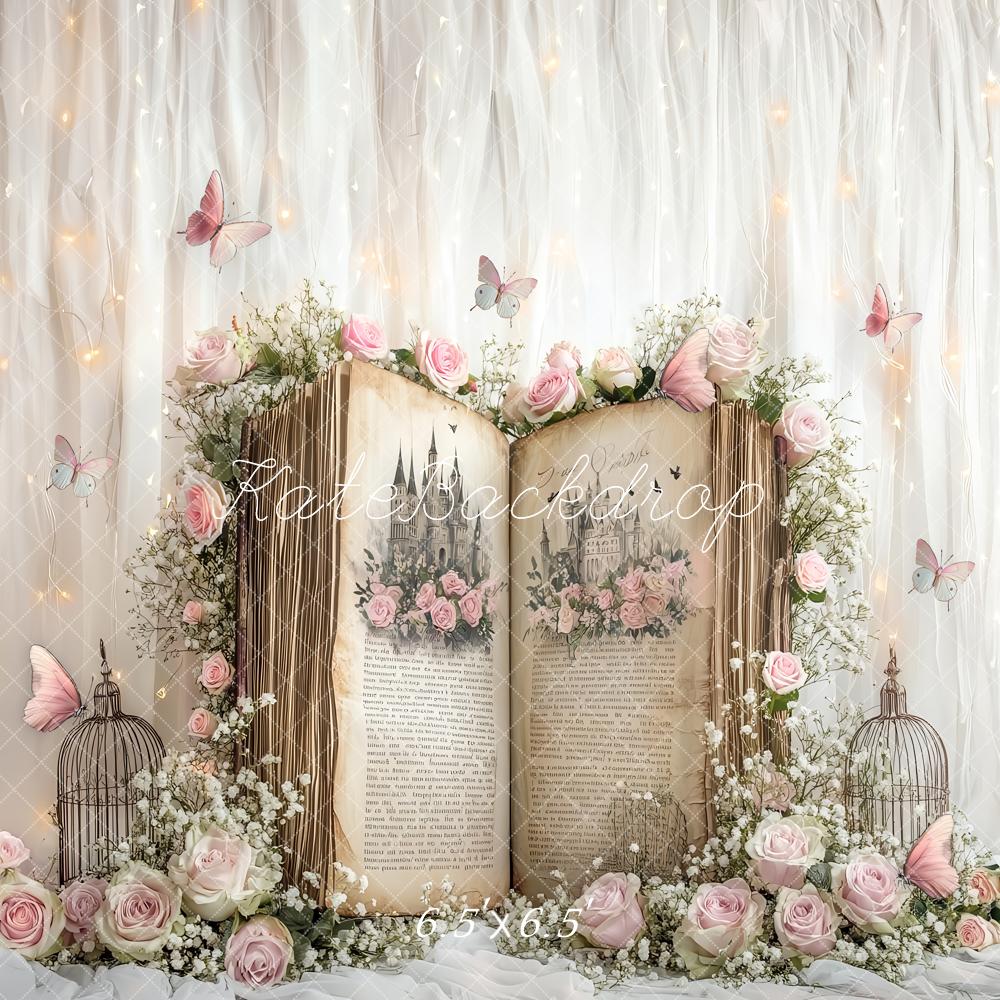 Kate Märchen Buch Blumen Schmetterlinge Weiß Hintergrund Entworfen von Patty Roberts - Kate Backdrop.de