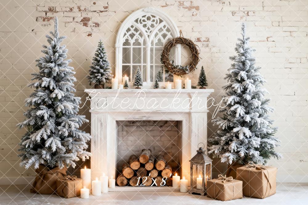 Kate Weihnachten Kamin Schneebedeckte Bäume Weiß Hintergrund Entworfen von Emetselch - Kate Backdrop.de