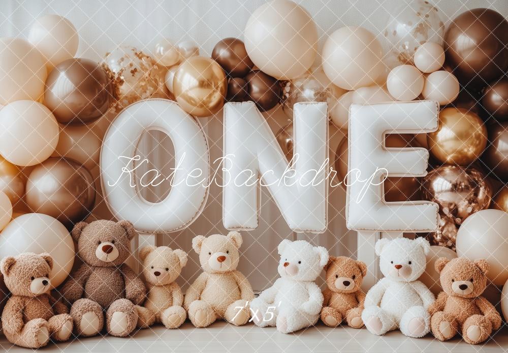 Kate Geburtstag Eins Teddybären Ballons Beige Hintergrund Entworfen von Patty Roberts