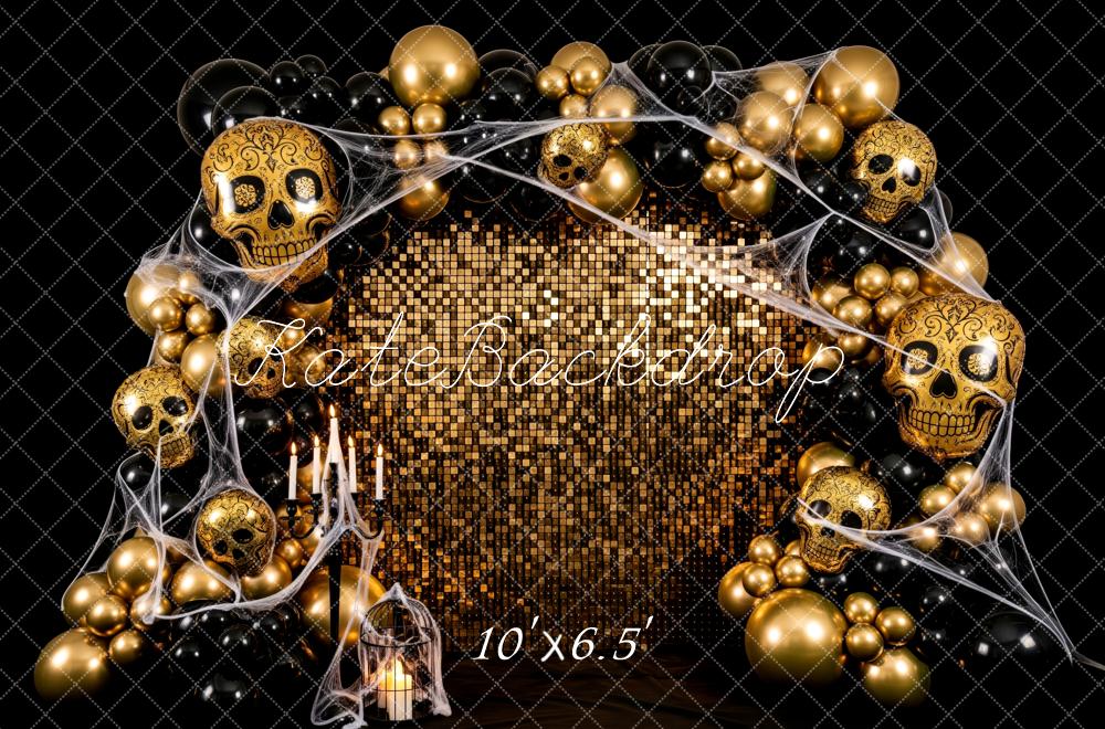 Kate Halloween Totenköpfe Ballons Gold Hintergrund Entworfen von Patty Roberts - Kate Backdrop.de