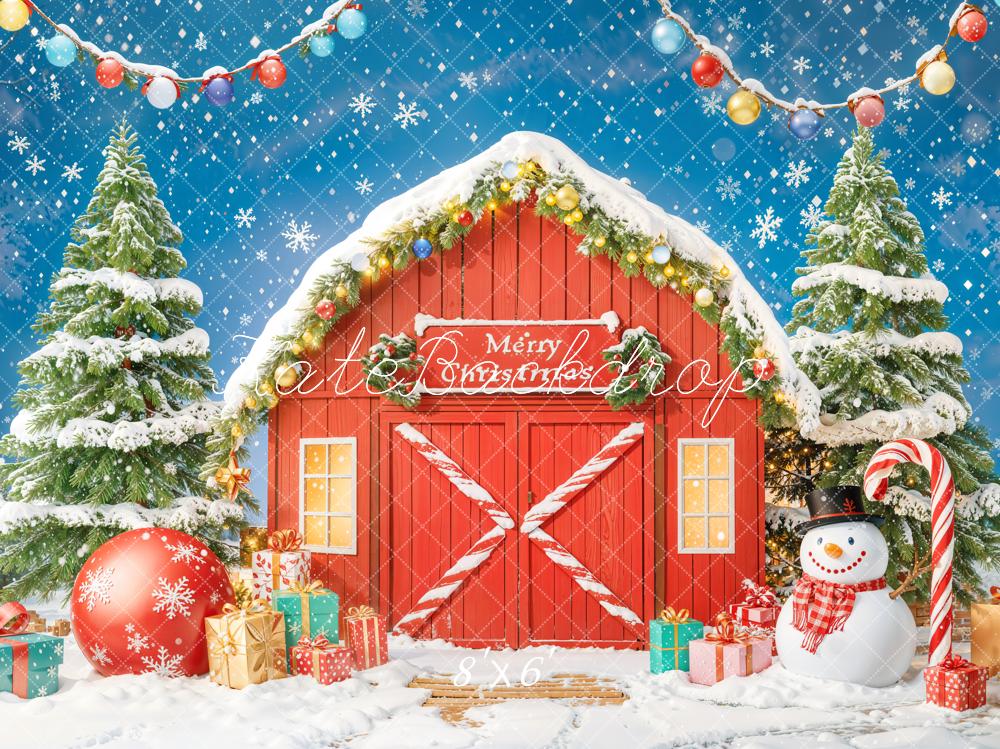 Kate Weihnachten Rote Scheune Schneemann Schnee Hintergrund Entworfen von Chain - Kate Backdrop.de