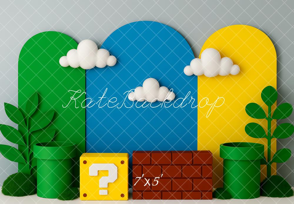 Kate Videospiel Röhren Wolken Bunt Hintergrund Entworfen von Patty Roberts - Kate Backdrop.de