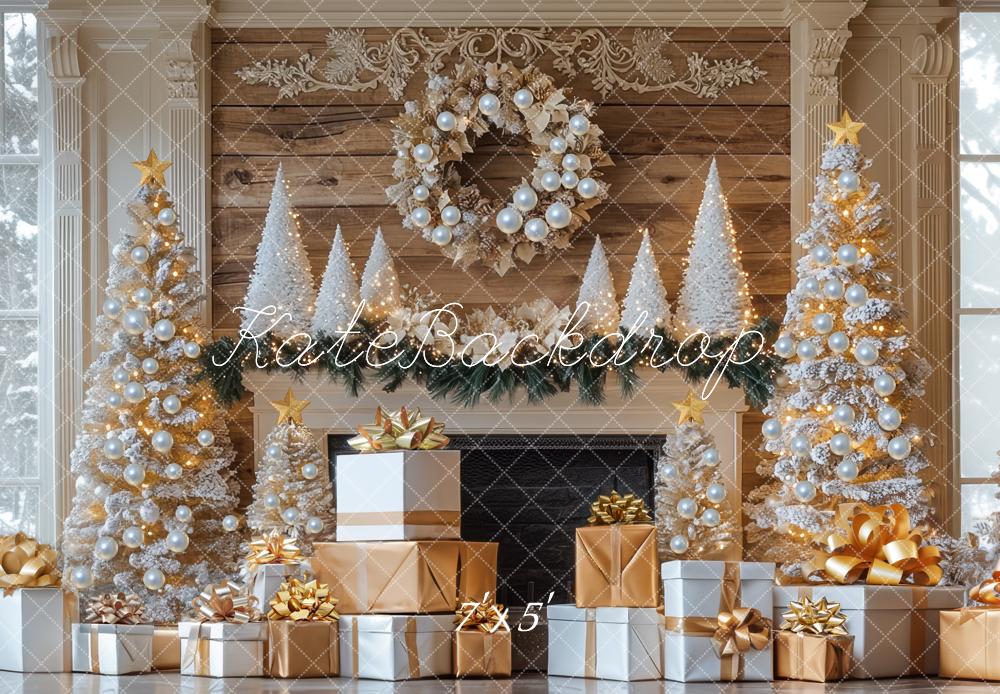 Kate Weihnachten Geschenke Tannenbaum Gold Hintergrund Entworfen von Mini MakeBelieve - Kate Backdrop.de