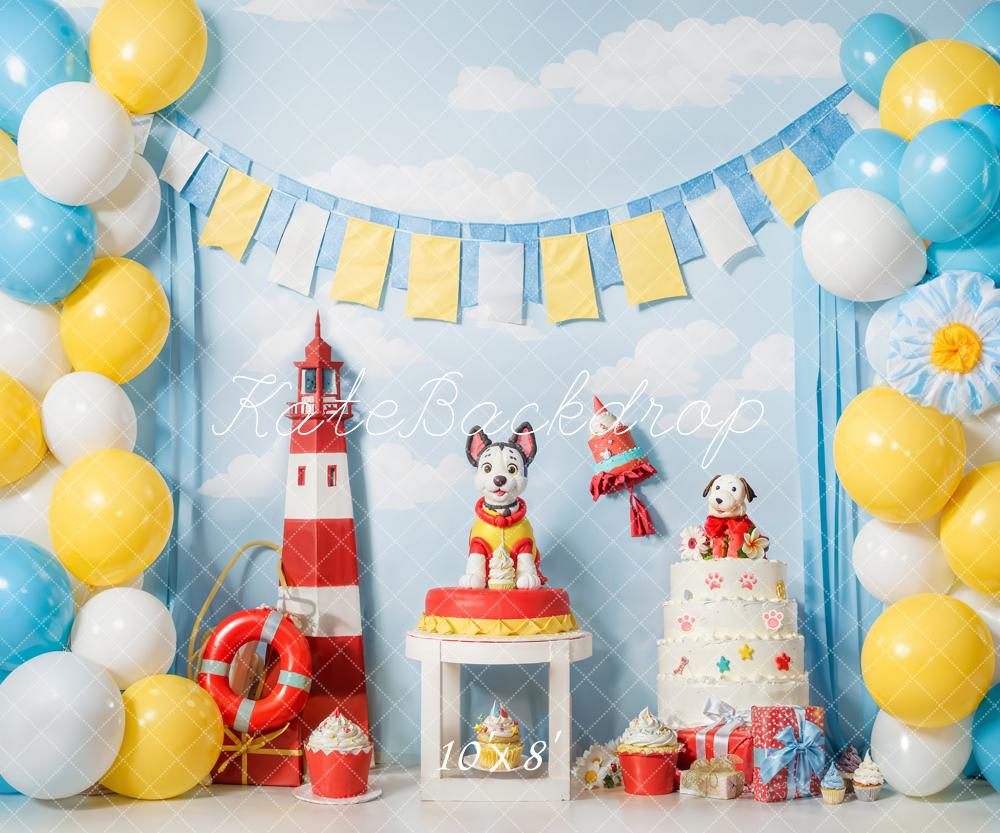 Kate Geburtstag Hund Leuchtturm Ballons Bunt Hintergrund Entworfen von Emetselch - Kate Backdrop.de
