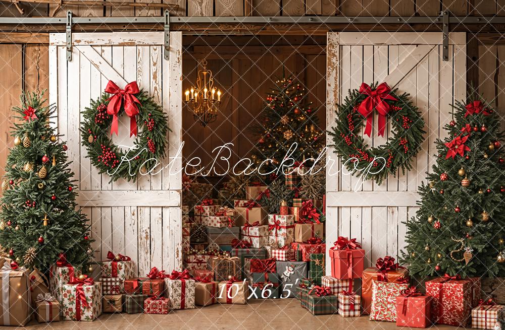 Kate Weihnachten Geschenke Tannenbäume Scheunentor Fleece Hintergrund Entworfen von Emetselch - Kate Backdrop.de