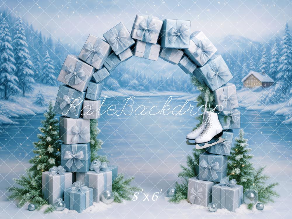 Kate Winter Geschenkboxen Bogen Blau Hintergrund Entworfen von Patty Roberts - Kate Backdrop.de