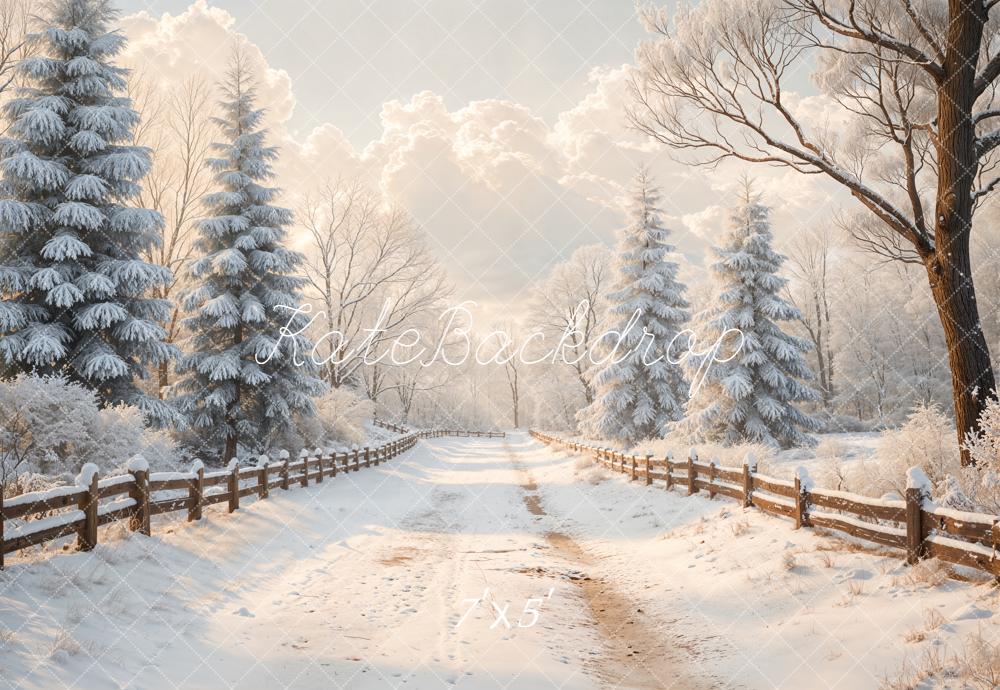 Kate Winter Verschneiter Weg Wald Weiß Hintergrund Entworfen von Emetselch - Kate Backdrop.de