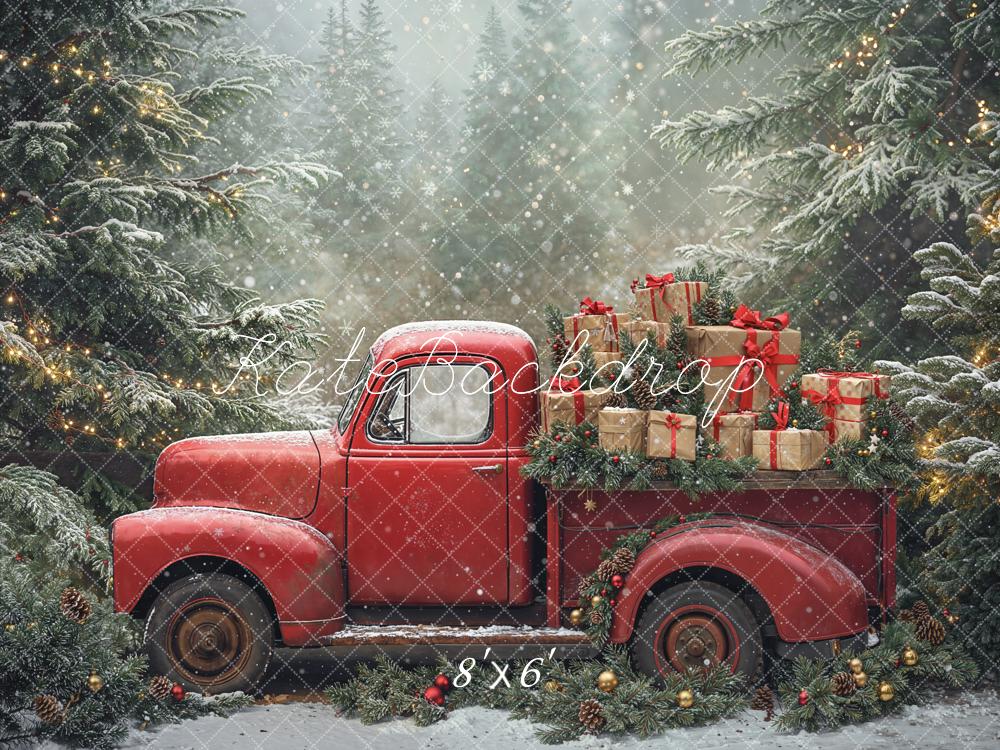 Kate Weihnachten Roter Truck Geschenke Tannenwald Fleece Hintergrund Entworfen von Emetselch - Kate Backdrop.de