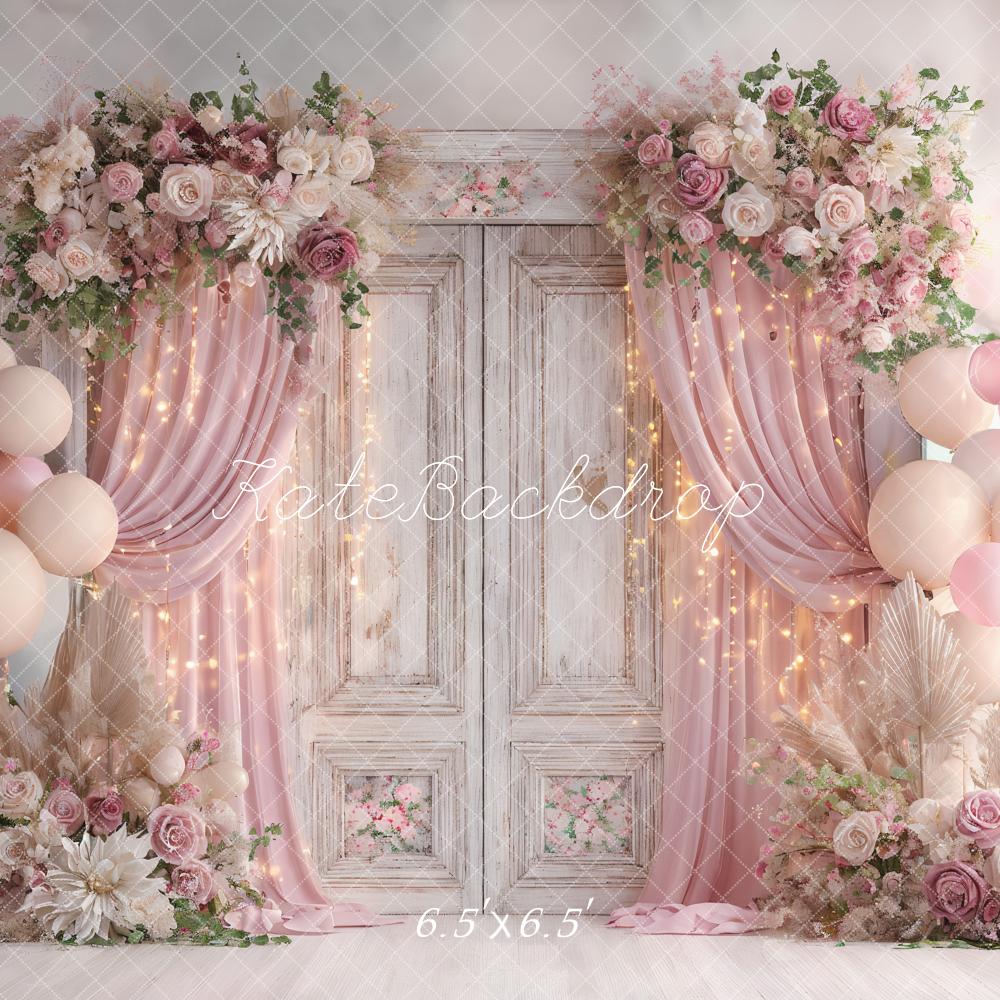 Kate Hochzeit Vintage Tür Blumen Ballons Rosa Hintergrund Entworfen von Ashley Paul
