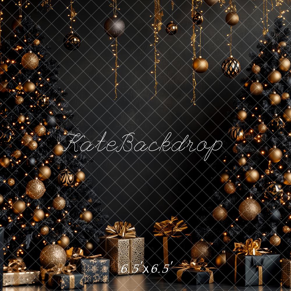 Kate Weihnachten Schwarze Bäume Gold Dekoration Hintergrund Entworfen von Patty Roberts - Kate Backdrop.de