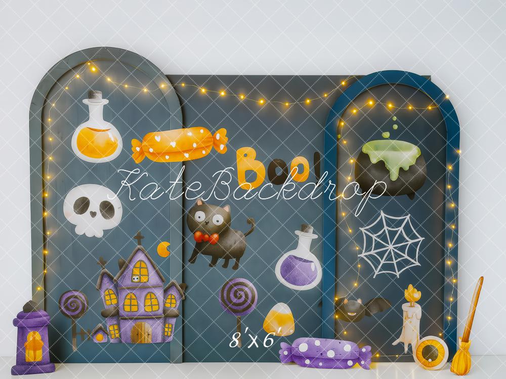 Kate Halloween Spukhaus Süßigkeiten Dunkelblau Hintergrund Entworfen von Patty Roberts - Kate Backdrop.de