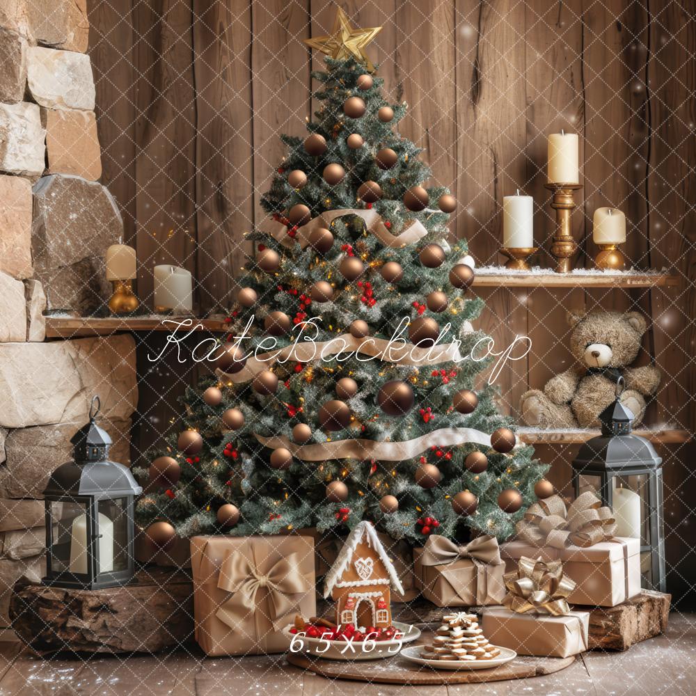 Kate Weihnachten Tannenbaum Geschenke Kamin Holz Hintergrund Entworfen von Mini MakeBelieve - Kate Backdrop.de