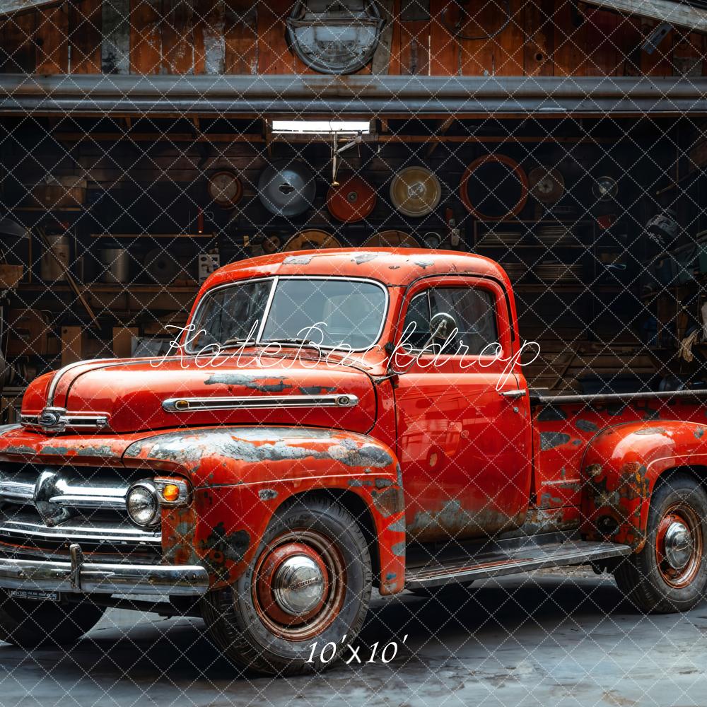 Kate Oldtimer Roter Pickup Werkstatt Vintage Hintergrund Entworfen von Emetselch - Kate Backdrop.de