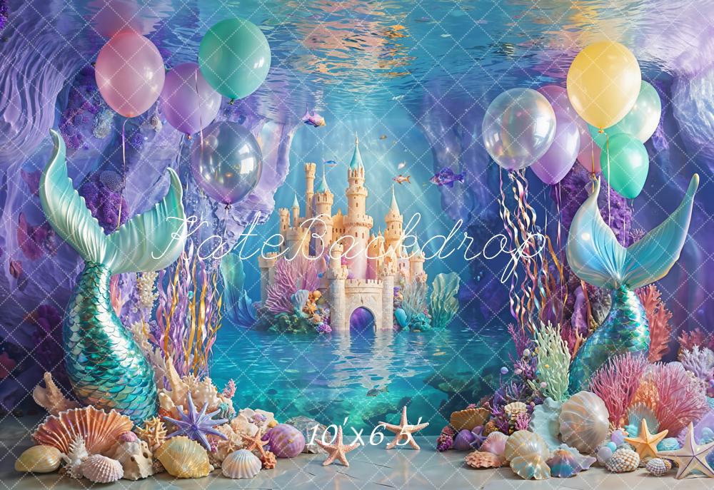 Kate Meerjungfrau Schloss Ballons Unterwasser Fleece Hintergrund Entworfen von Emetselch - Kate Backdrop.de