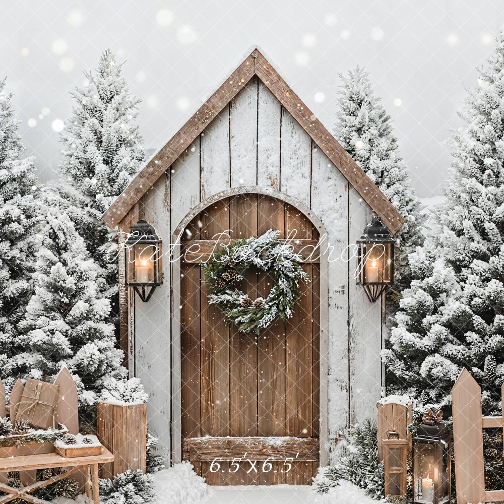 Kate Winter Hütte Schneebedeckte Tannen Rustikal Hintergrund Entworfen von Emetselch - Kate Backdrop.de