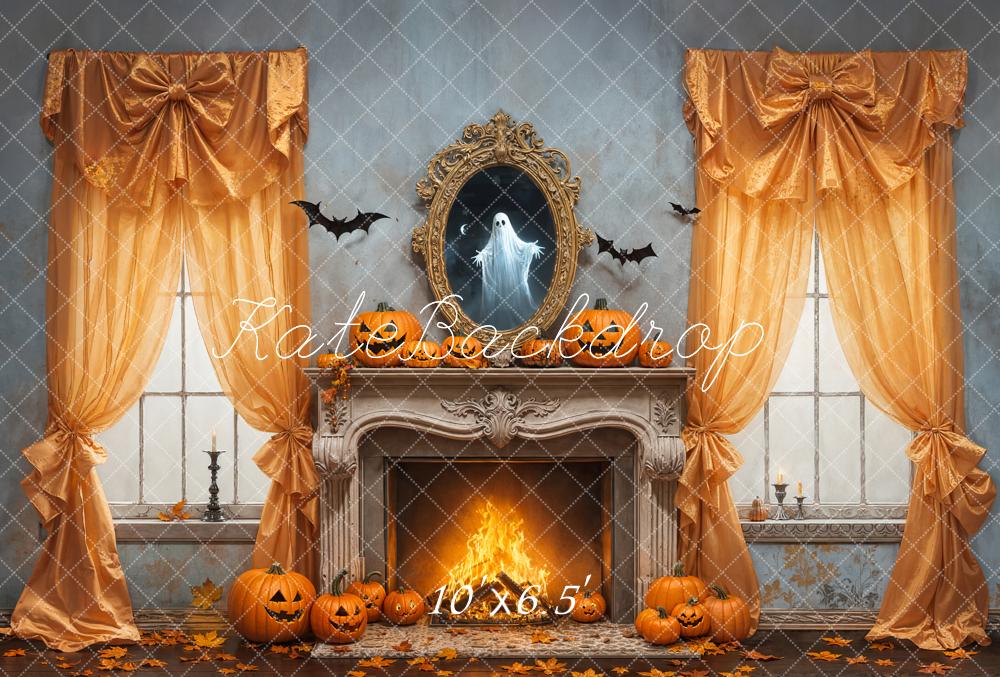 Kate Halloween Kürbisse Kamin Goldvorhänge Fleece Hintergrund Entworfen von Emetselch - Kate Backdrop.de