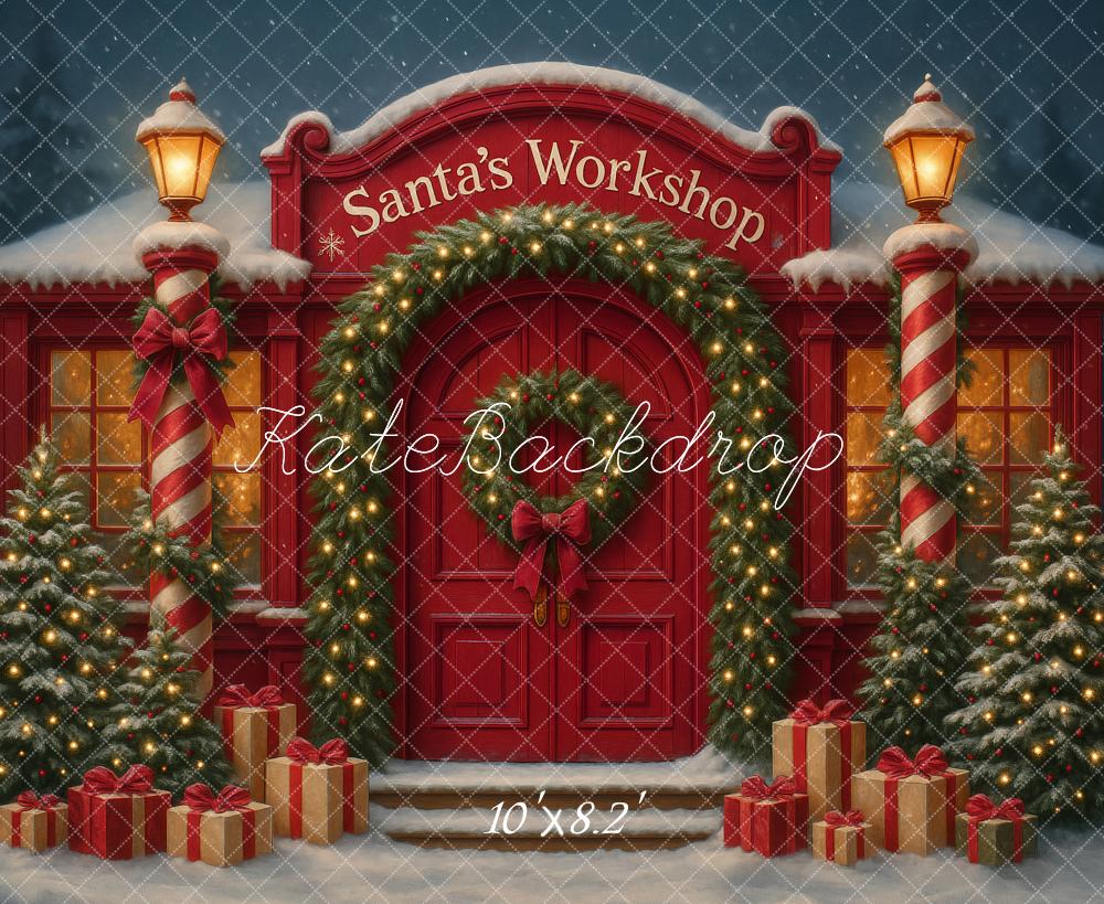 Kate Weihnachten Werkstatt Geschenke Schnee Hintergrund Entworfen von Ashley Paul - Kate Backdrop.de