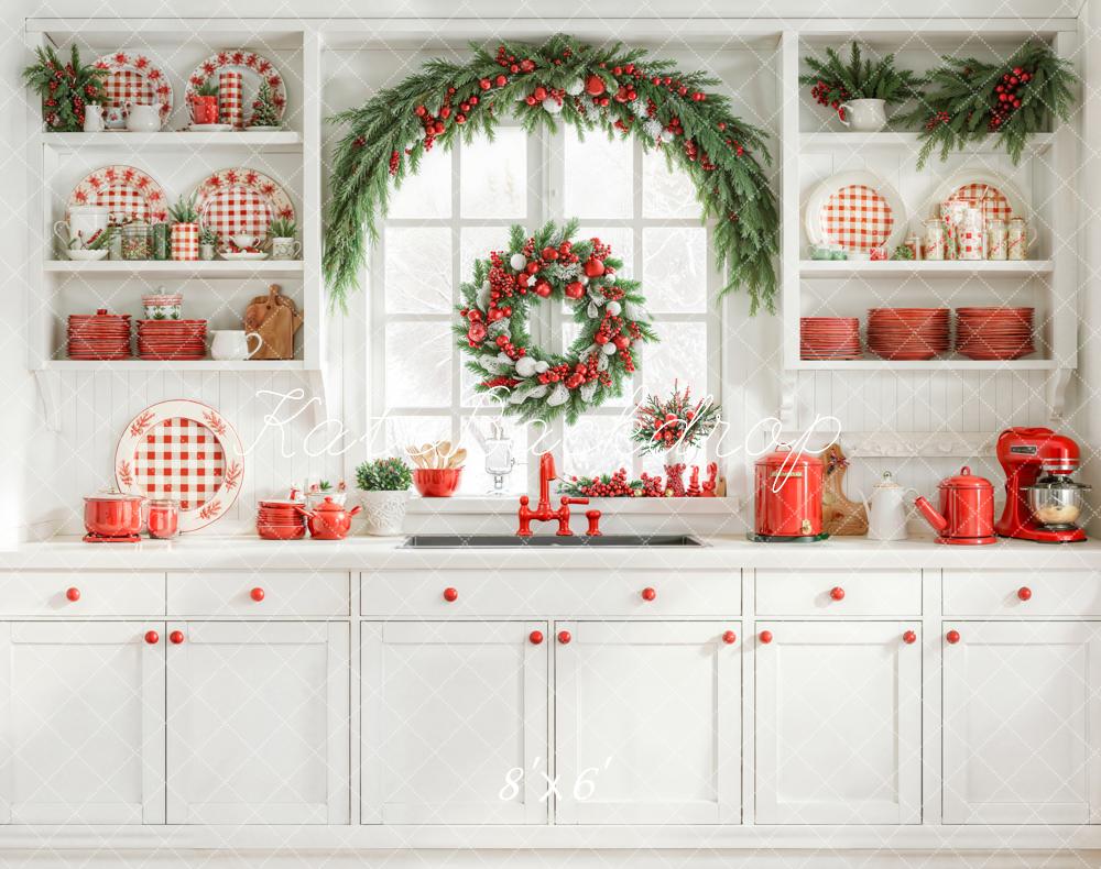 Kate Weihnachten Küche Girlande Rot Weiß Fleece Hintergrund Entworfen von Emetselch - Kate Backdrop.de