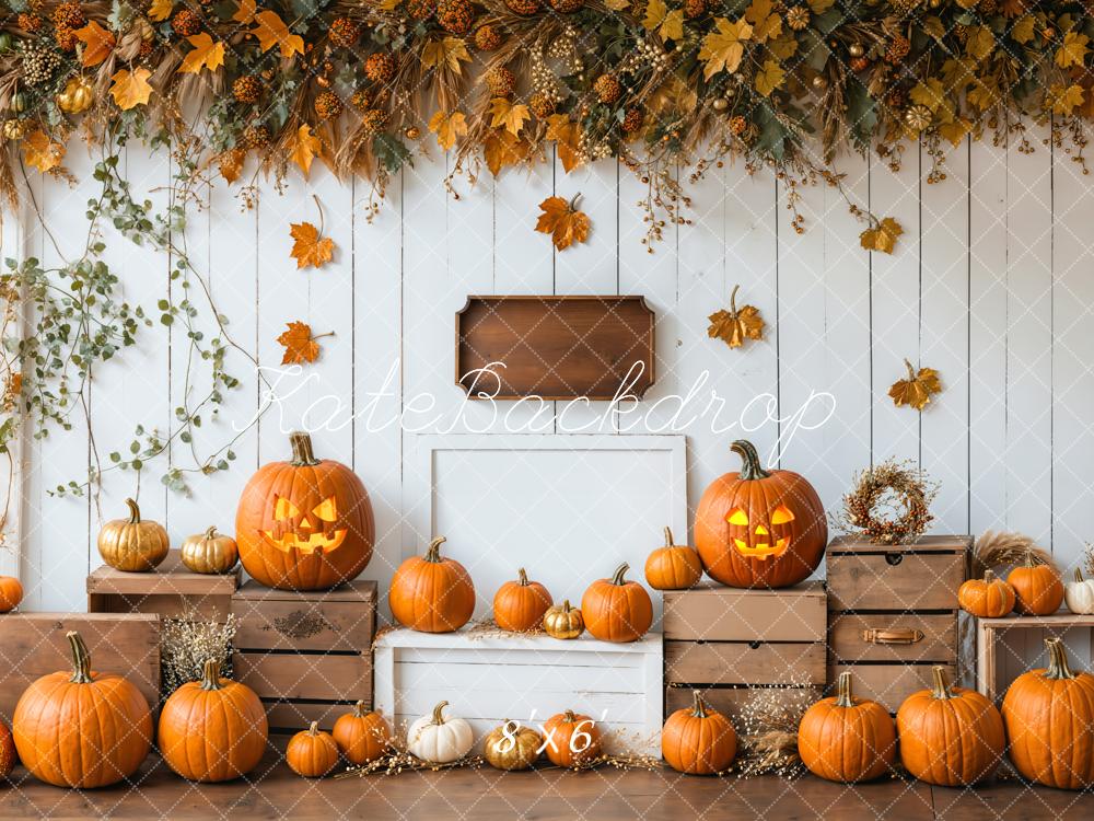 Kate Halloween Kürbisse Herbstlaub Rustikal Hintergrund Entworfen von Emetselch