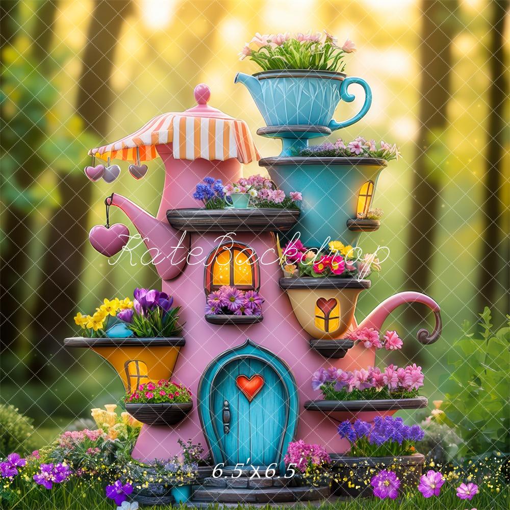 Kate Märchen Teekanne Blumenhaus Bunt Hintergrund Entworfen von Mini MakeBelieve