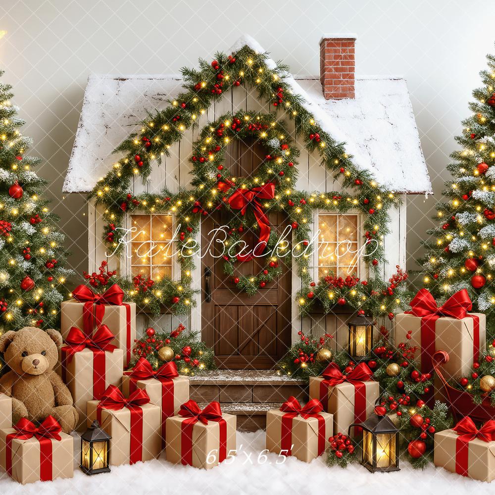 Kate Weihnachten Haus Geschenkboxen Weihnachtsbäume Hintergrund Entworfen von Patty Roberts - Kate Backdrop.de