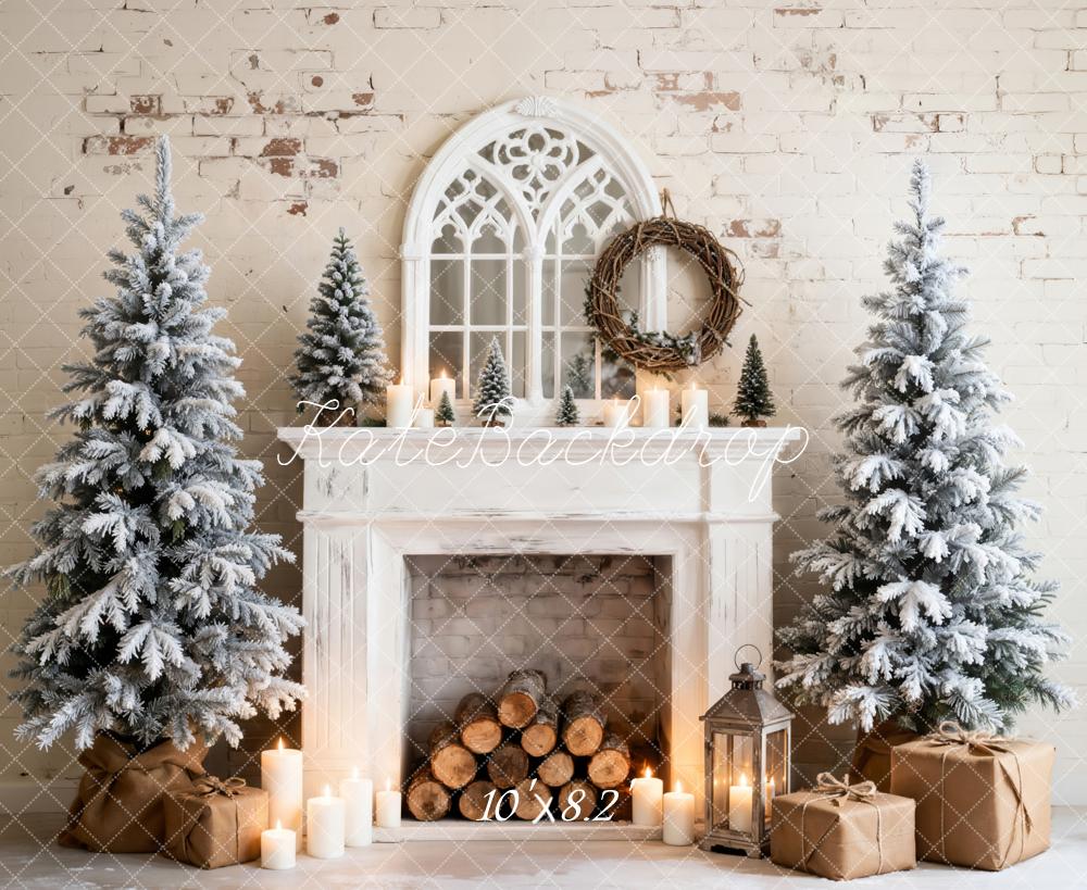 Kate Weihnachten Kamin Schneebedeckte Bäume Weiß Hintergrund Entworfen von Emetselch - Kate Backdrop.de
