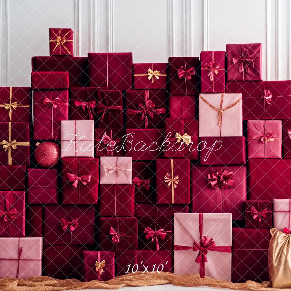 Kate Weihnachten Geschenke Stapel Rot Hintergrund Entworfen von Patty Roberts - Kate Backdrop.de