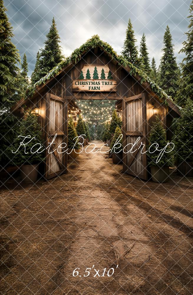 Kate Weihnachten Tannenbäume Holzhütte Braun Fleece Hintergrund Entworfen von Emetselch - Kate Backdrop.de