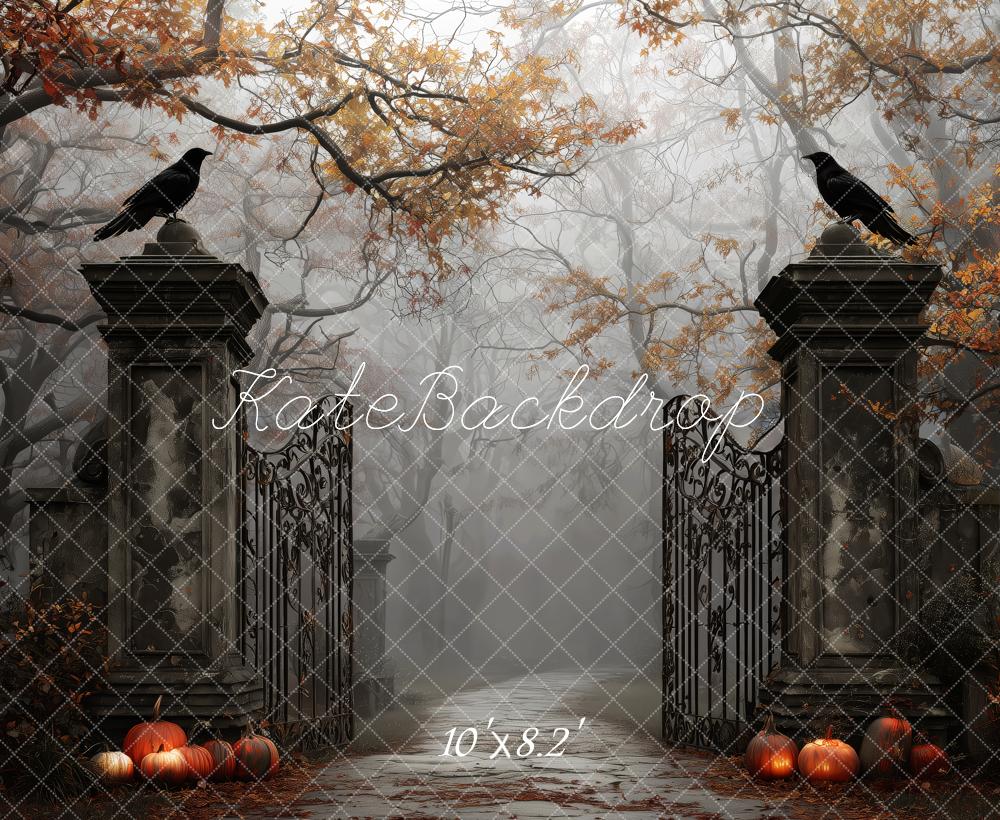 Kate Halloween Tor Rabe Kürbis Nebel Hintergrund Entworfen von Patty Roberts - Kate Backdrop.de