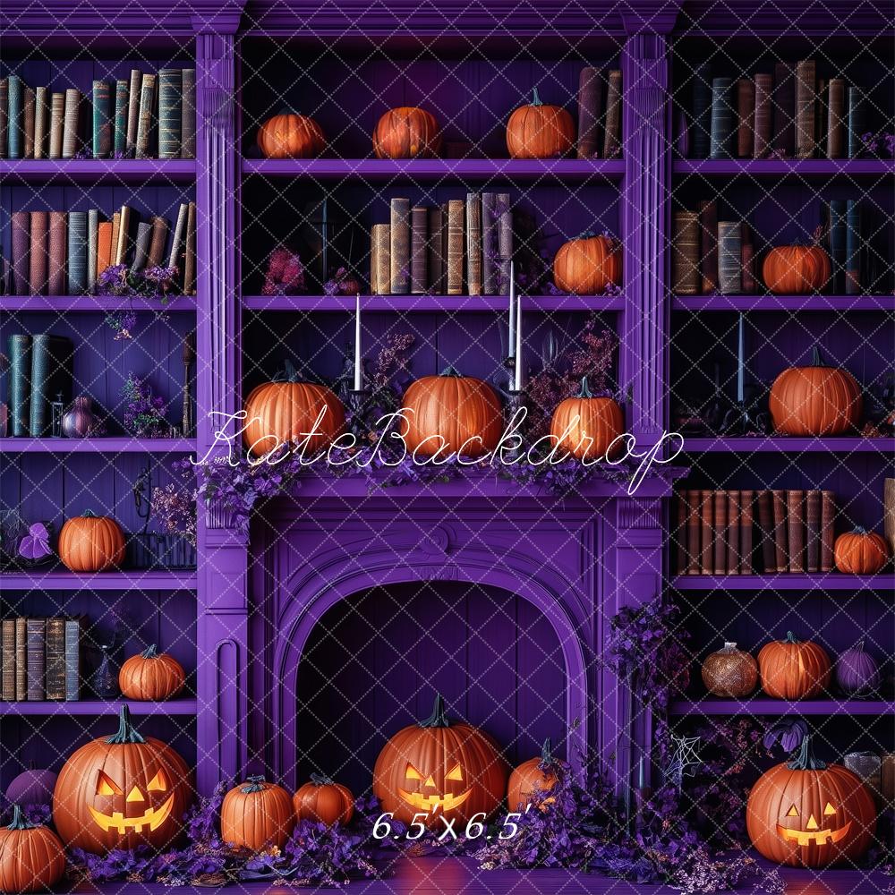 Kate Halloween Kürbisse Bücherregal Lila Hintergrund Entworfen von Patty Roberts - Kate Backdrop.de