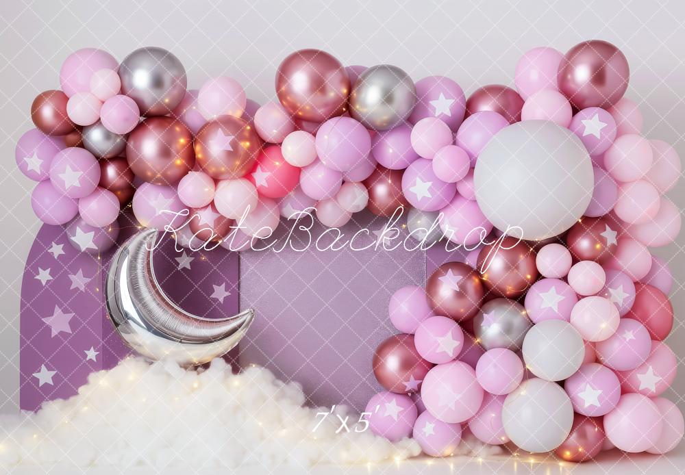 Kate Geburtstag Ballonbogen Mond Sterne Rosa Hintergrund Entworfen von Patty Roberts - Kate Backdrop.de