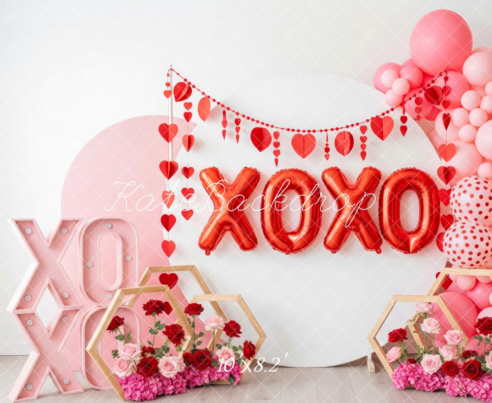 Kate Valentinstag XOXO Ballons Blumen Rosa Hintergrund Entworfen von Patty Roberts