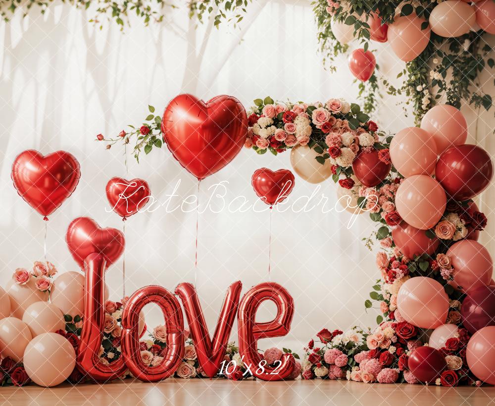 Kate Valentinstag Herzballons Blumenbogen Rot Hintergrund Entworfen von Emetselch