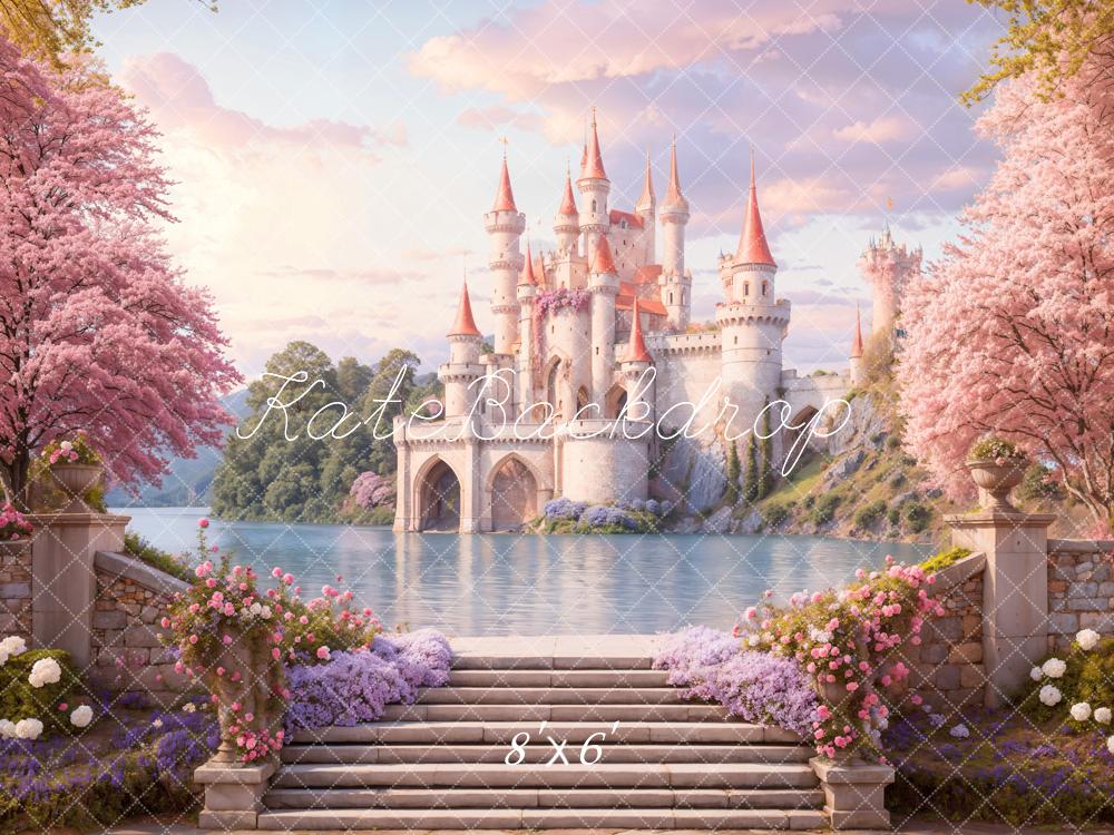 Kate Fantasy Schloss See Rosa Blüten Hintergrund Entworfen von Emetselch - Kate Backdrop.de