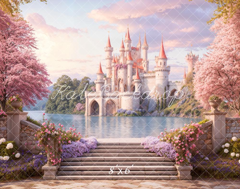 Kate Fairy Fantasy Schloss See Rosa Fleece Hintergrund Entworfen von Emetselch - Kate Backdrop.de
