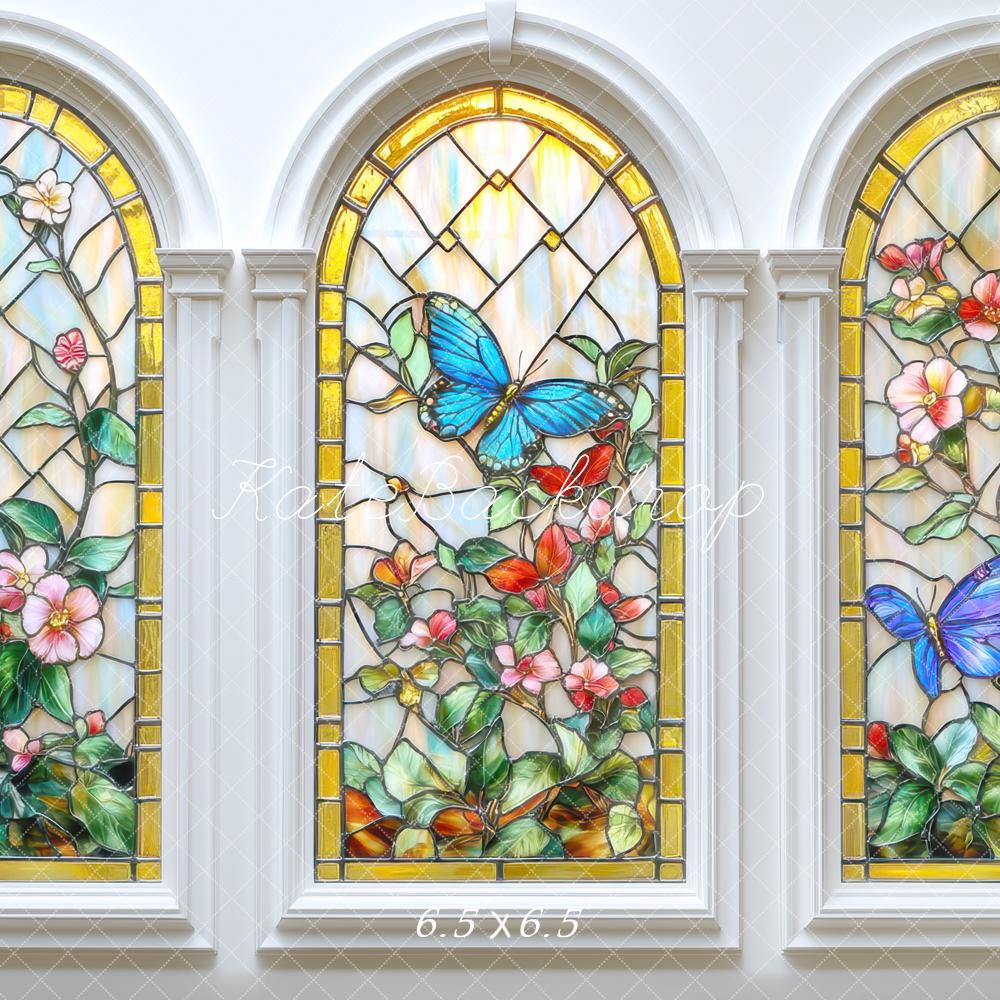 Kate Glas Fenster Schmetterlinge Blumen Bunt Hintergrund Entworfen von Mini MakeBelieve - Kate Backdrop.de