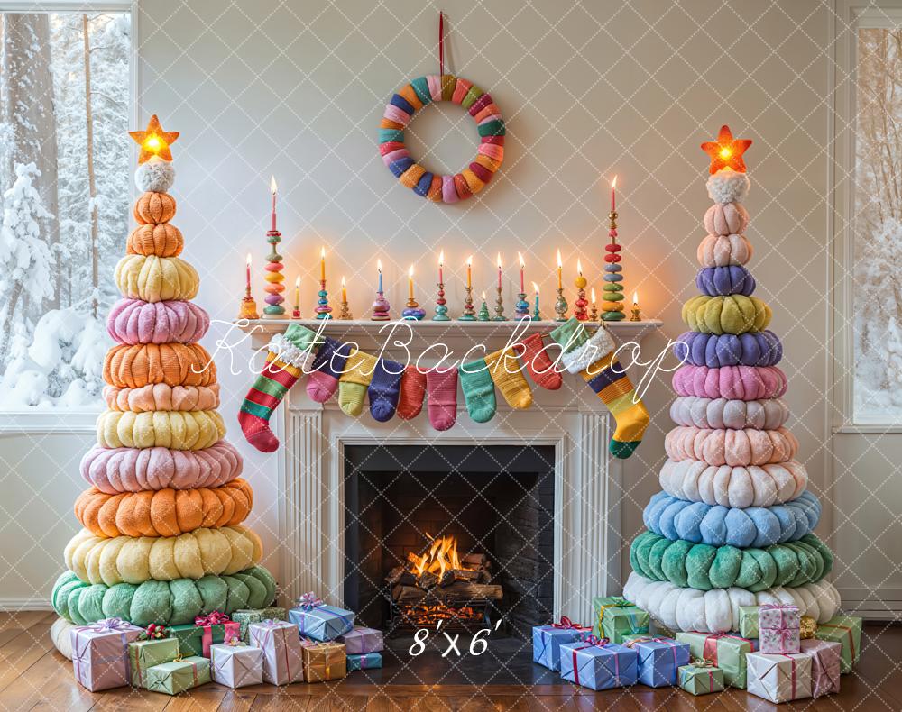 Kate Weihnachten Gestrickte Bäume Kamin Bunt Fleece Hintergrund Entworfen von Emetselch - Kate Backdrop.de