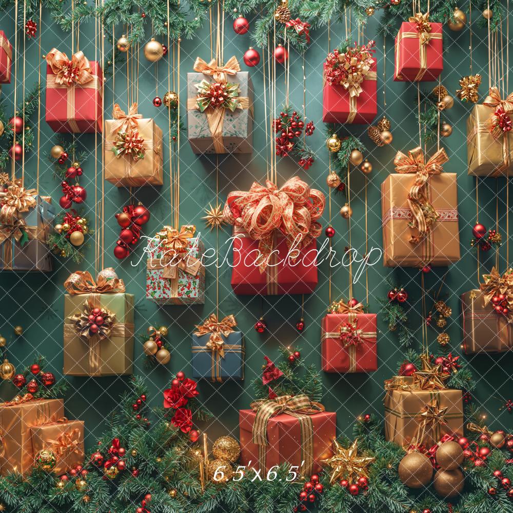 Kate Weihnachten Geschenke Tannenzweige Rotgold Hintergrund Entworfen von Emetselch - Kate Backdrop.de