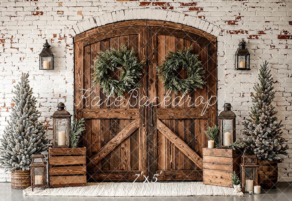 Kate Weihnachten Holz Tür Kränze Rustikal Hintergrund Entworfen von Emetselch - Kate Backdrop.de