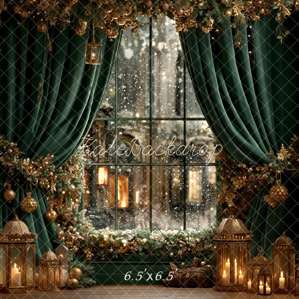 Kate Weihnachten Fenster Tannenzweige Goldgrün Hintergrund Entworfen von Emetselch - Kate Backdrop.de