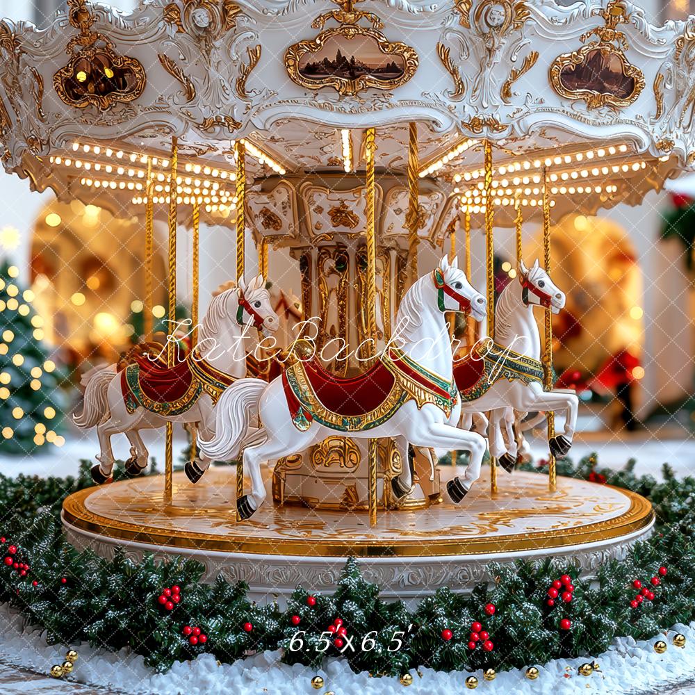 Kate Weihnachten Karussell Pferde Gold Hintergrund Entworfen von Mini MakeBelieve - Kate Backdrop.de